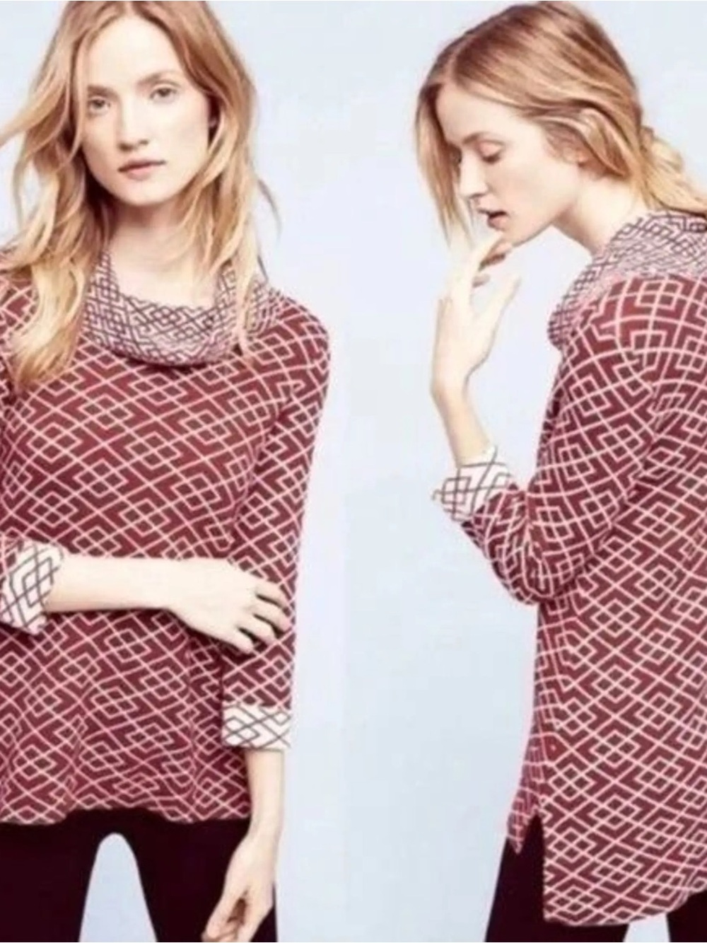Anthropologie Moth Galena Burgundy Geometric Cowl Neck Sweater size L